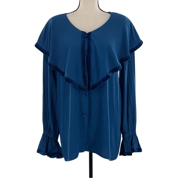 Hairston Roberson Tops - Hairston Roberson Ropa Blue Rayon Blouse Velvet Trim Ruffle Sleeve Women’s Large